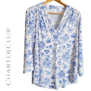 Charter Club L Mid Sleeve Blouse Top White Blue